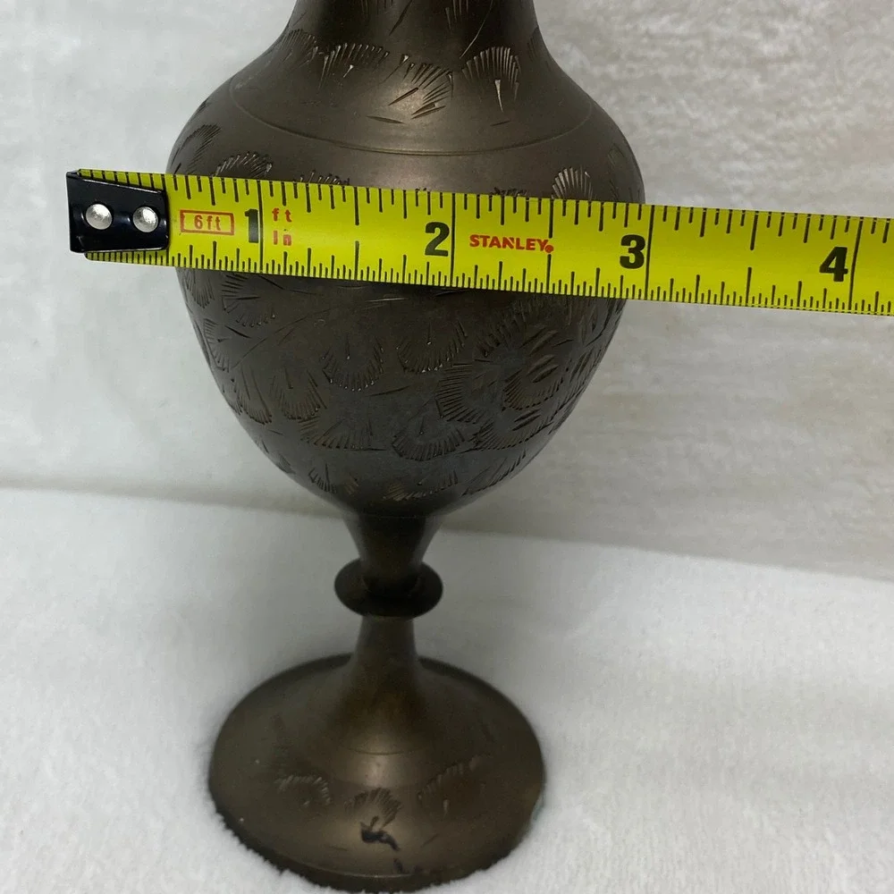 Vintage Brass Vase Etched Floral Design Ornate‎ Trumpet Neck Pedestal Base Decor
